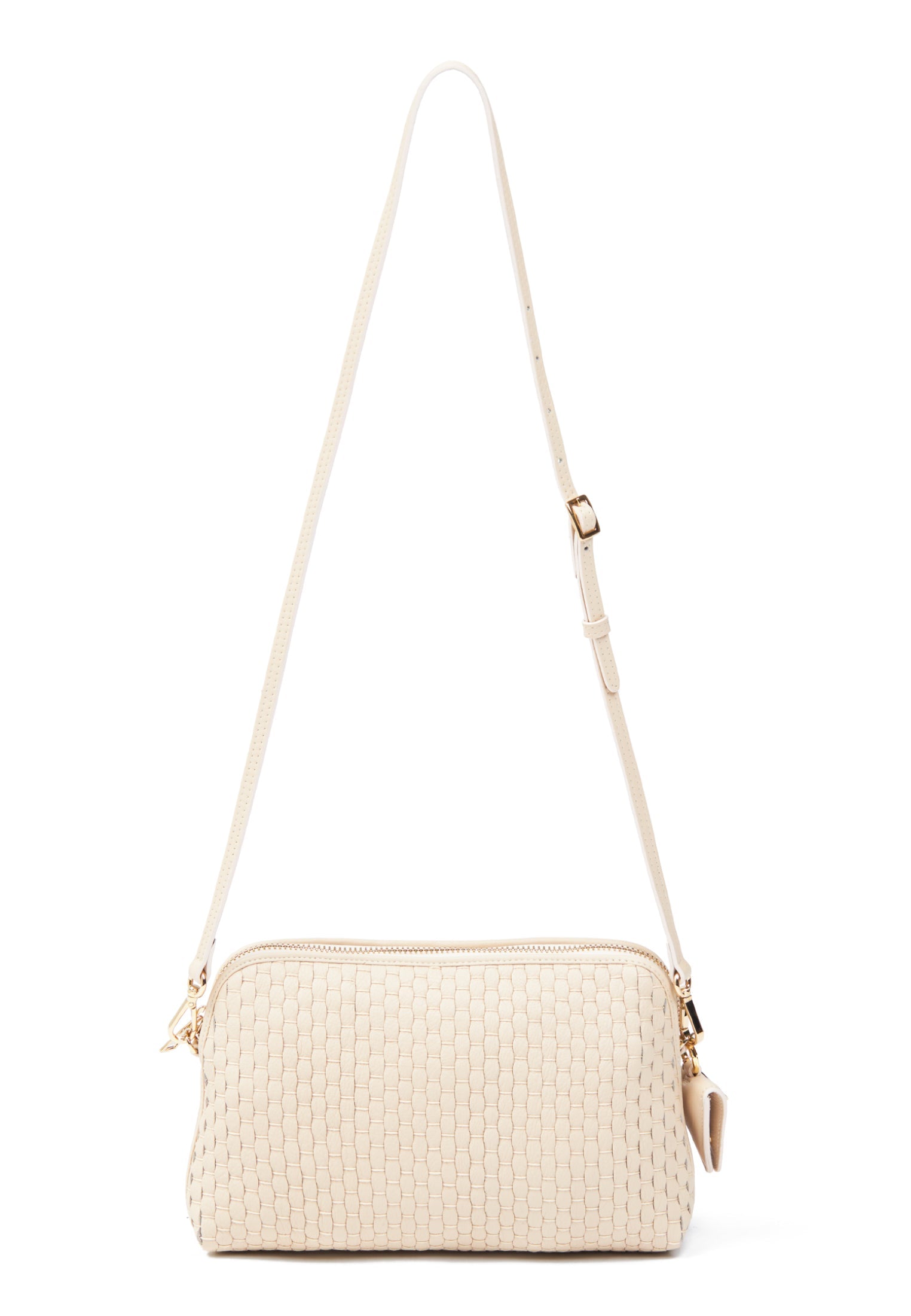 Front view of the 1789 Burro crossbody bag by Parise, showcasing its intricate woven leather craftsmanship and comfortable shoulder strap