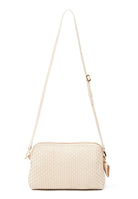 Front view of the 1789 Burro crossbody bag by Parise, showcasing its intricate woven leather craftsmanship and comfortable shoulder strap